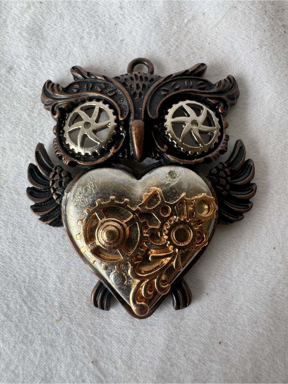 Steampunk Owl Heart Gear Charm Pendant, Silver Bronze Tone Metal (Pendant Only)